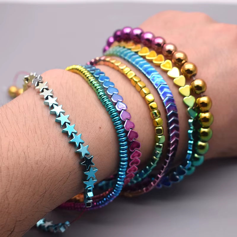 Gradual Change Rainbow Natural Stone Hematite Beads Star Arrow Heart round Loose Spacer Beads for Jewelry Making DIY Bracelet