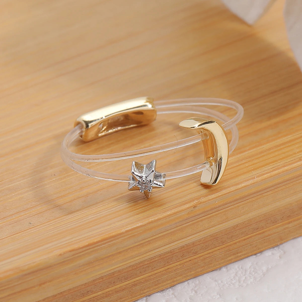 Sweet Trendy Women'S Ring Fashion Invisible Transparent Line Brass Ring Moon Star Zircon Jewelry Accessory for Daily Life