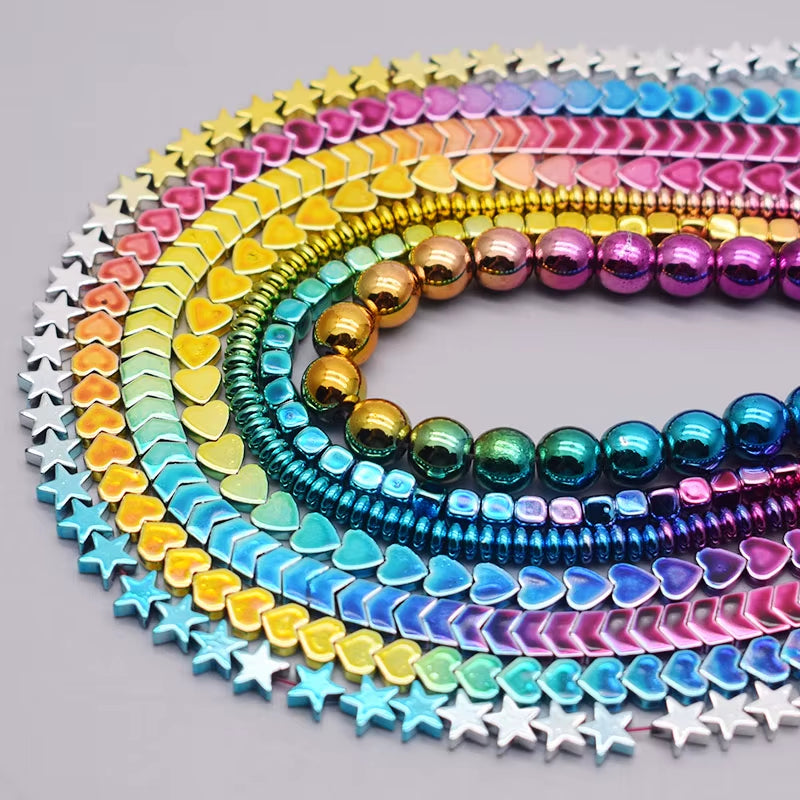 Gradual Change Rainbow Natural Stone Hematite Beads Star Arrow Heart round Loose Spacer Beads for Jewelry Making DIY Bracelet