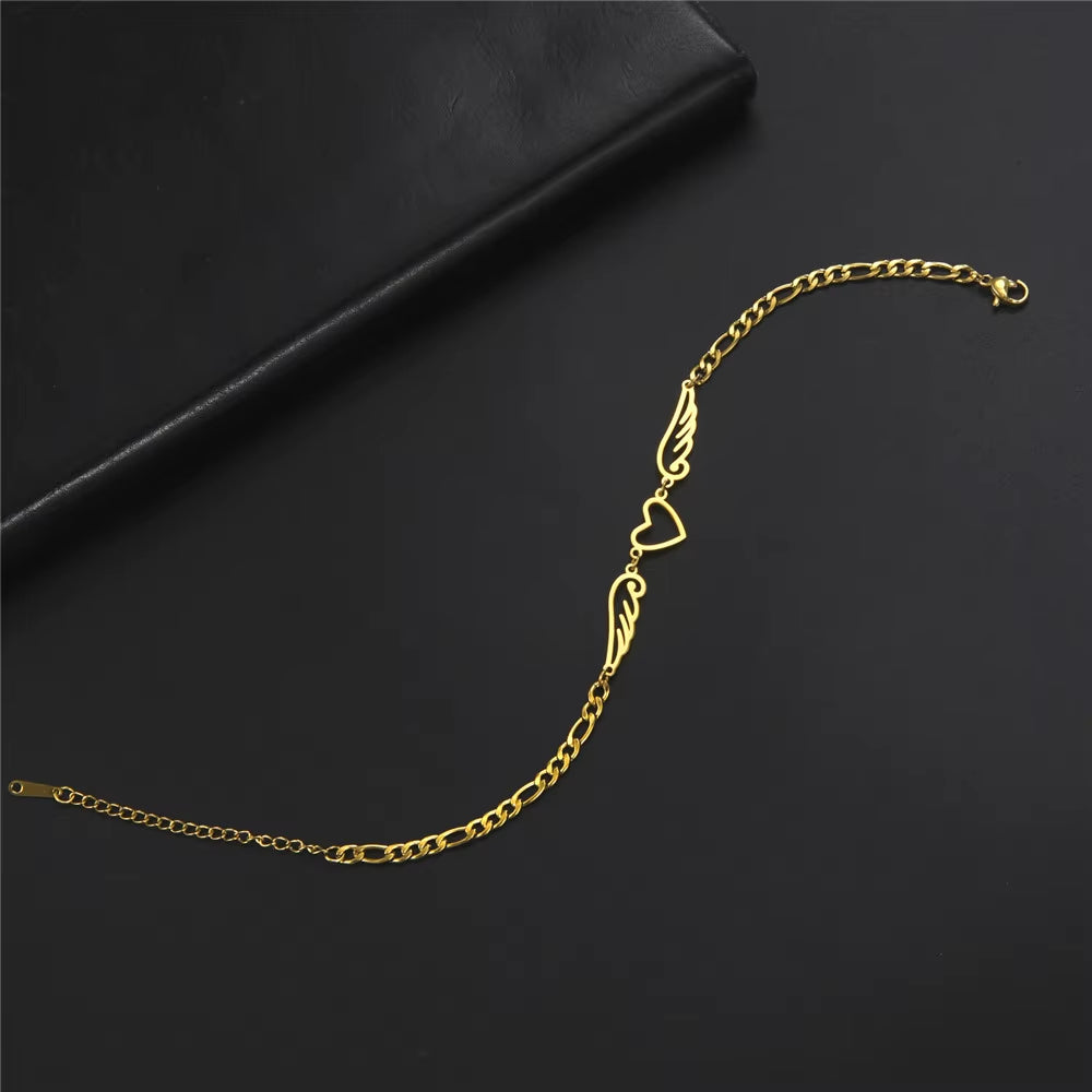 Stainless Steel Anklet for Women Girls Heart Angel Wings Pendant Figaro Chain Leg Ankle Bracelet Beach Accessories Gift