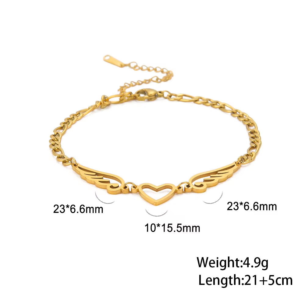 Stainless Steel Anklet for Women Girls Heart Angel Wings Pendant Figaro Chain Leg Ankle Bracelet Beach Accessories Gift
