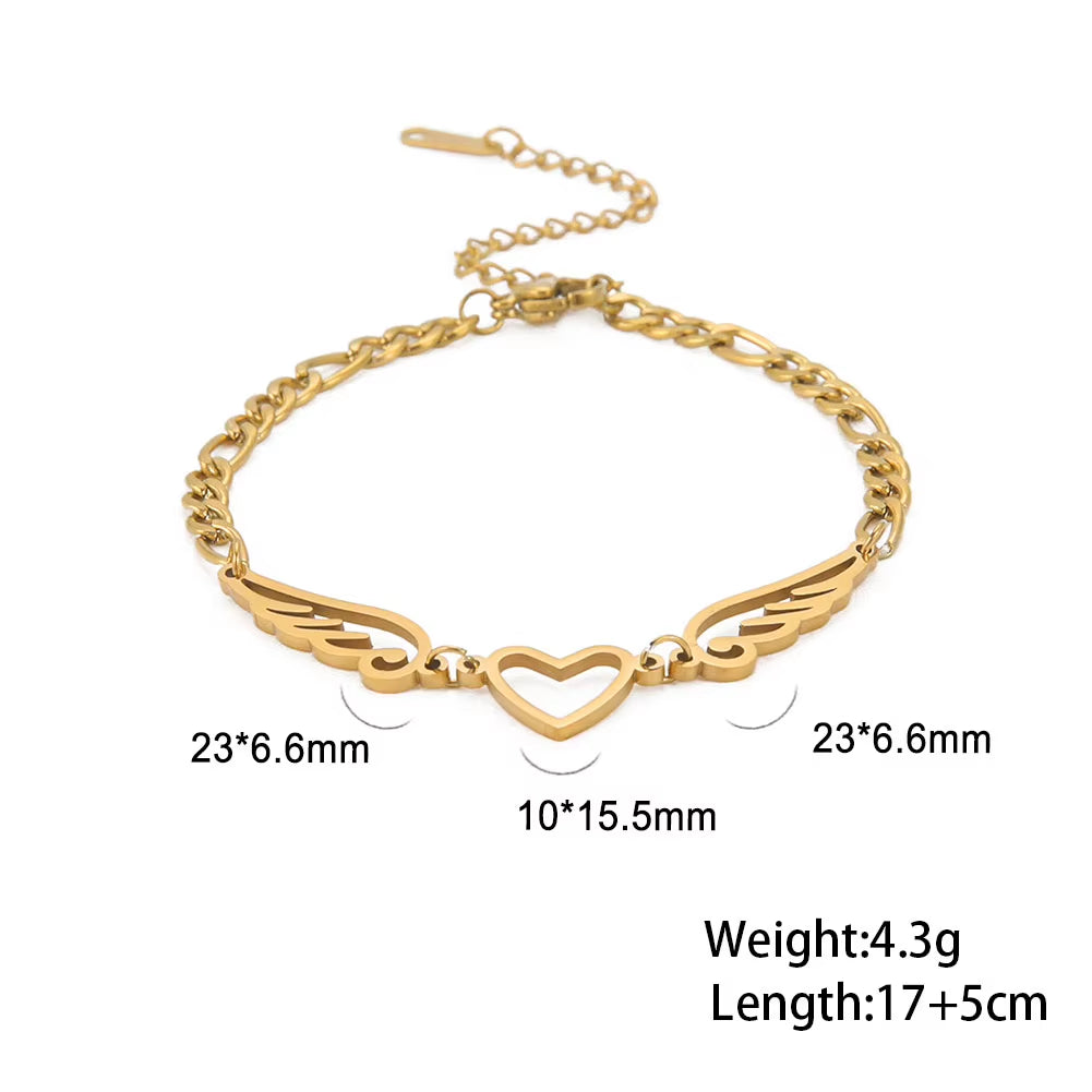 Stainless Steel Anklet for Women Girls Heart Angel Wings Pendant Figaro Chain Leg Ankle Bracelet Beach Accessories Gift