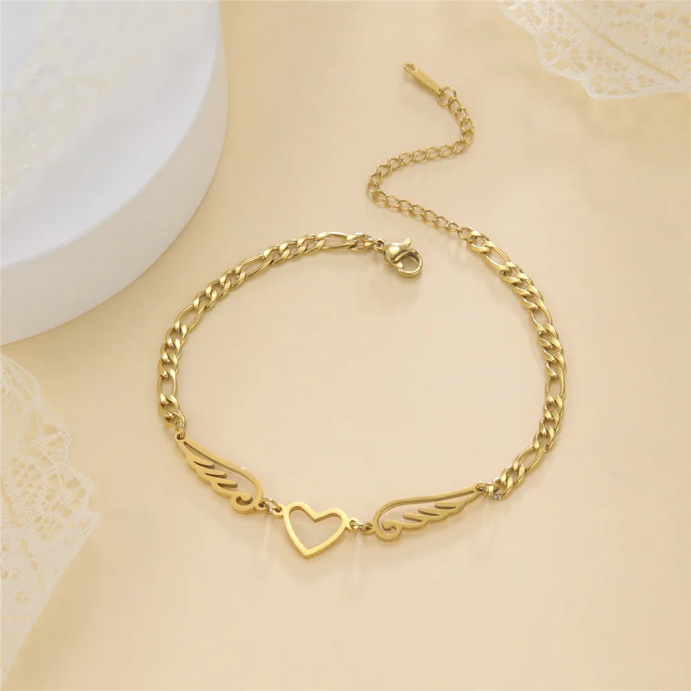 Stainless Steel Anklet for Women Girls Heart Angel Wings Pendant Figaro Chain Leg Ankle Bracelet Beach Accessories Gift
