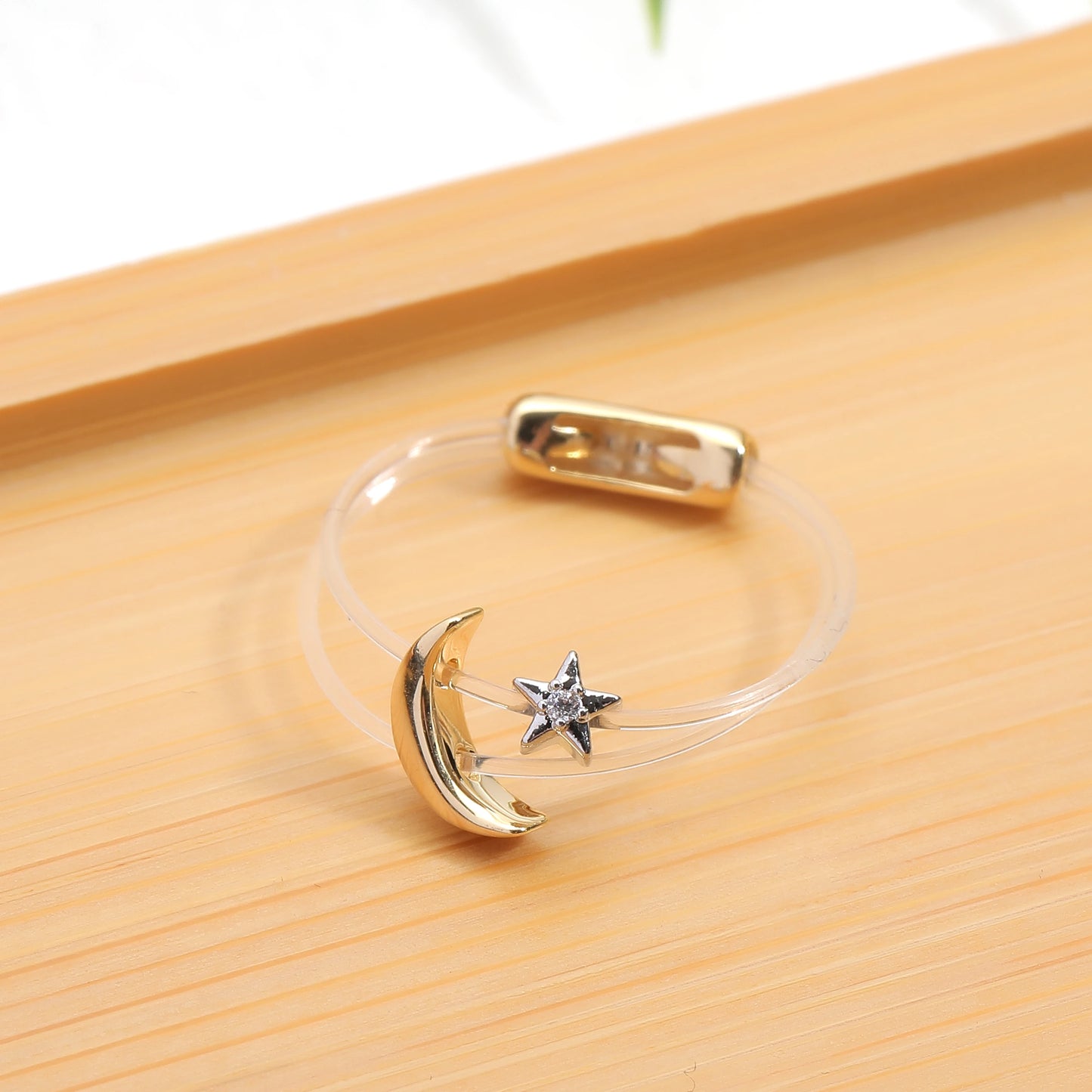 Sweet Trendy Women'S Ring Fashion Invisible Transparent Line Brass Ring Moon Star Zircon Jewelry Accessory for Daily Life