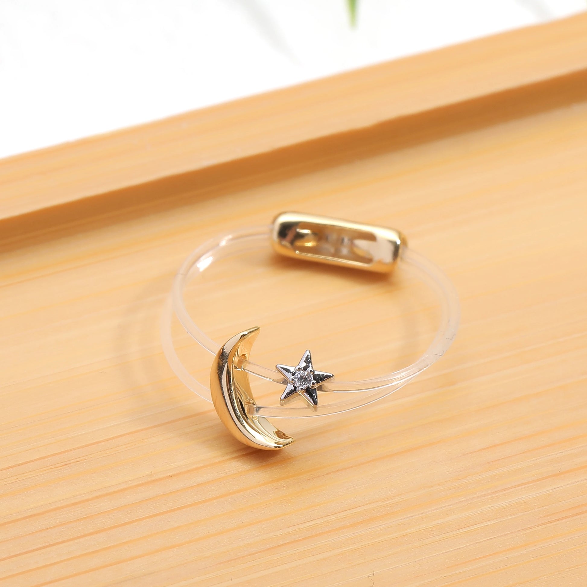 Sweet Trendy Women'S Ring Fashion Invisible Transparent Line Brass Ring Moon Star Zircon Jewelry Accessory for Daily Life