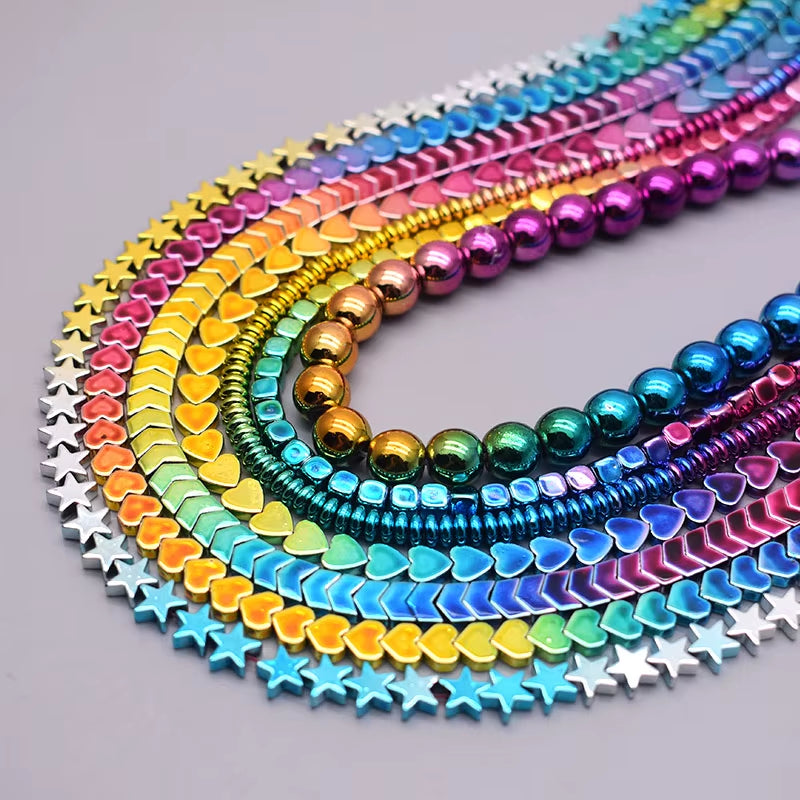 Gradual Change Rainbow Natural Stone Hematite Beads Star Arrow Heart round Loose Spacer Beads for Jewelry Making DIY Bracelet