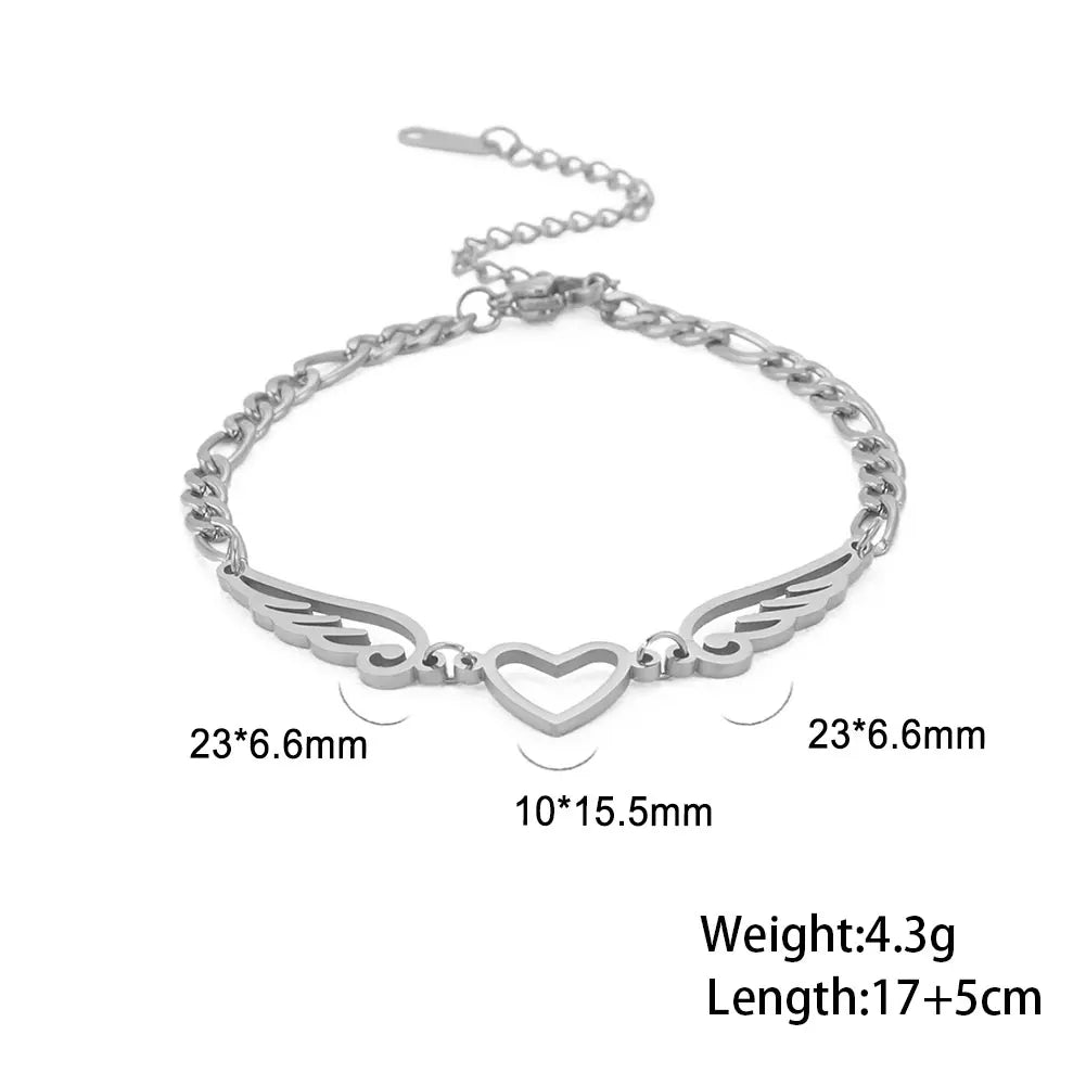 Stainless Steel Anklet for Women Girls Heart Angel Wings Pendant Figaro Chain Leg Ankle Bracelet Beach Accessories Gift