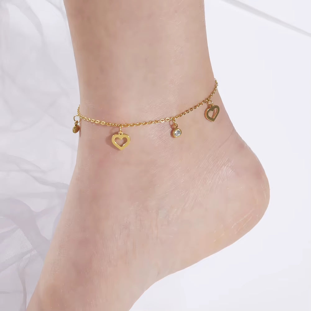 Bohemia Heart Crystal Leg Ankle Bracelet Gold Color Stainless Steel Beach Foot Chain Anklet Jewelry Gift for Women Girls