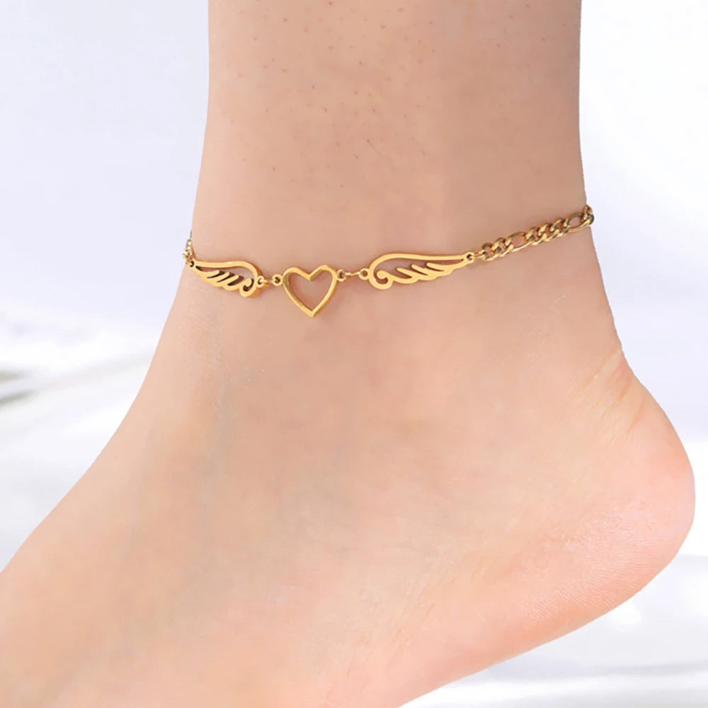 Stainless Steel Anklet for Women Girls Heart Angel Wings Pendant Figaro Chain Leg Ankle Bracelet Beach Accessories Gift