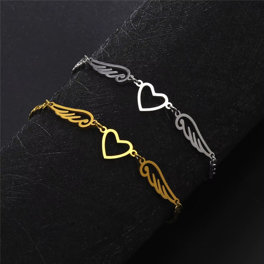 Stainless Steel Anklet for Women Girls Heart Angel Wings Pendant Figaro Chain Leg Ankle Bracelet Beach Accessories Gift