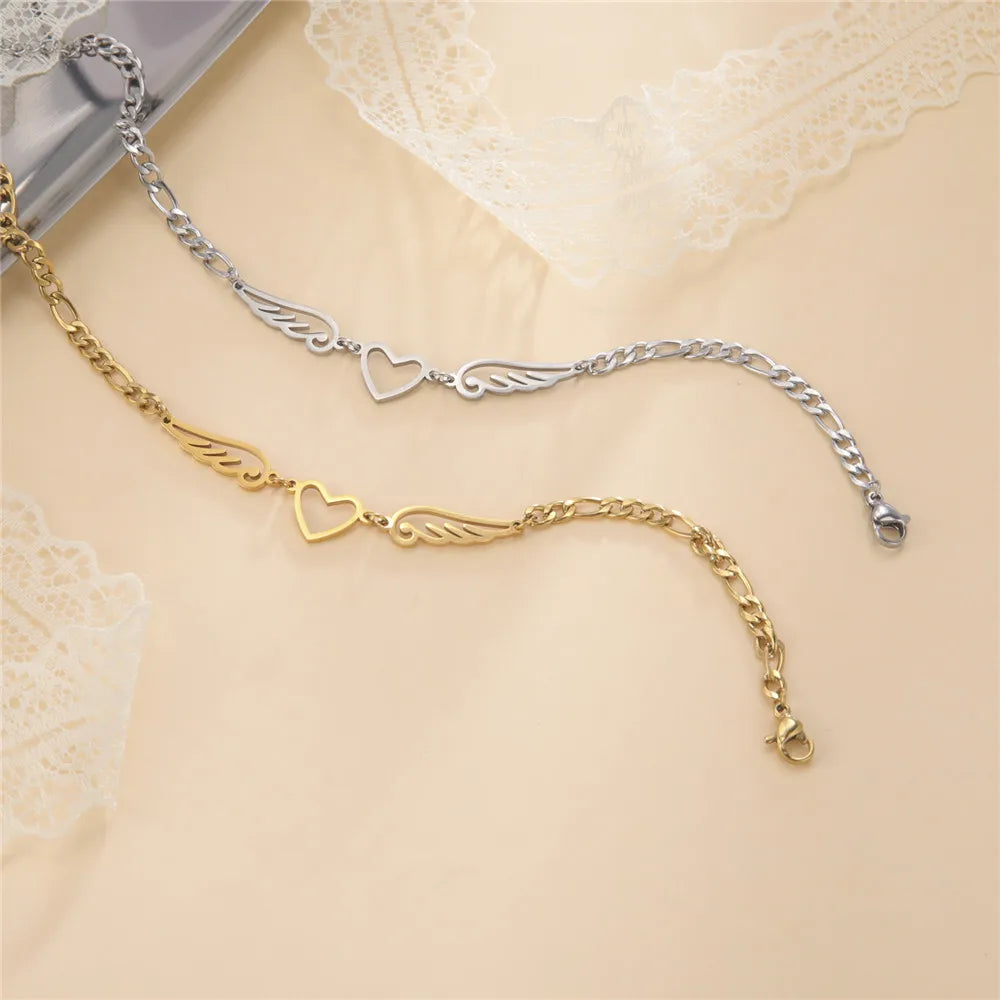 Stainless Steel Anklet for Women Girls Heart Angel Wings Pendant Figaro Chain Leg Ankle Bracelet Beach Accessories Gift
