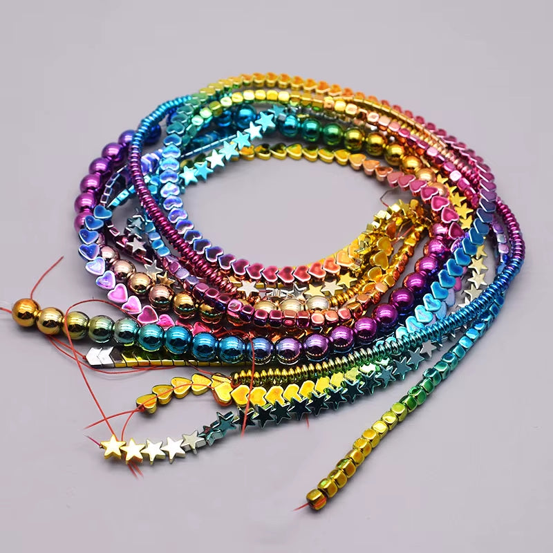 Gradual Change Rainbow Natural Stone Hematite Beads Star Arrow Heart round Loose Spacer Beads for Jewelry Making DIY Bracelet