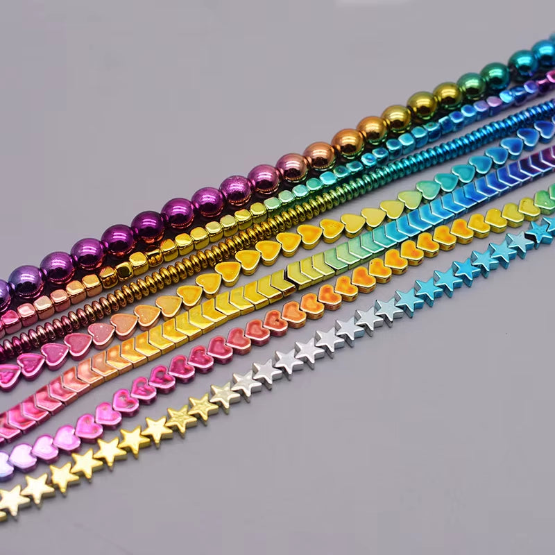 Gradual Change Rainbow Natural Stone Hematite Beads Star Arrow Heart round Loose Spacer Beads for Jewelry Making DIY Bracelet