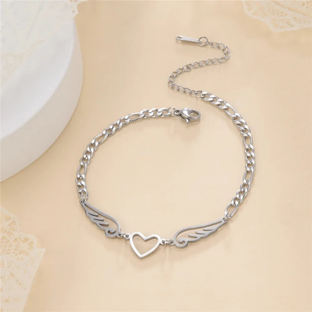 Stainless Steel Anklet for Women Girls Heart Angel Wings Pendant Figaro Chain Leg Ankle Bracelet Beach Accessories Gift